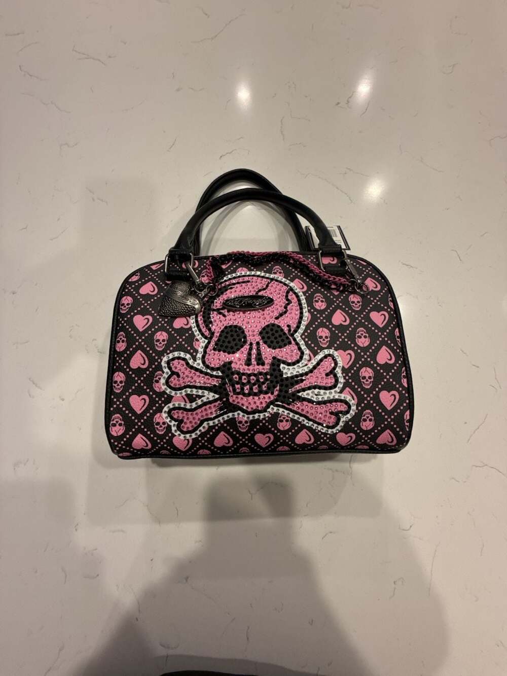 Ed Hardy Black and Pink Rhinestone Skull Satchel Bag